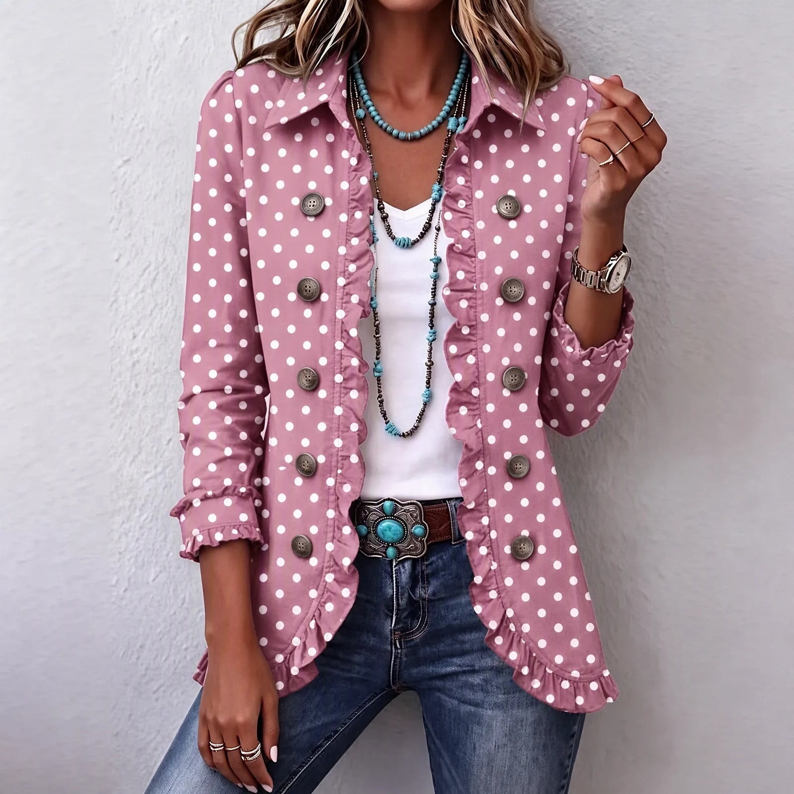 BaoFuBaoMei Womens Polka Dot Blazer Jacket Plus Size Ruffle Button ...