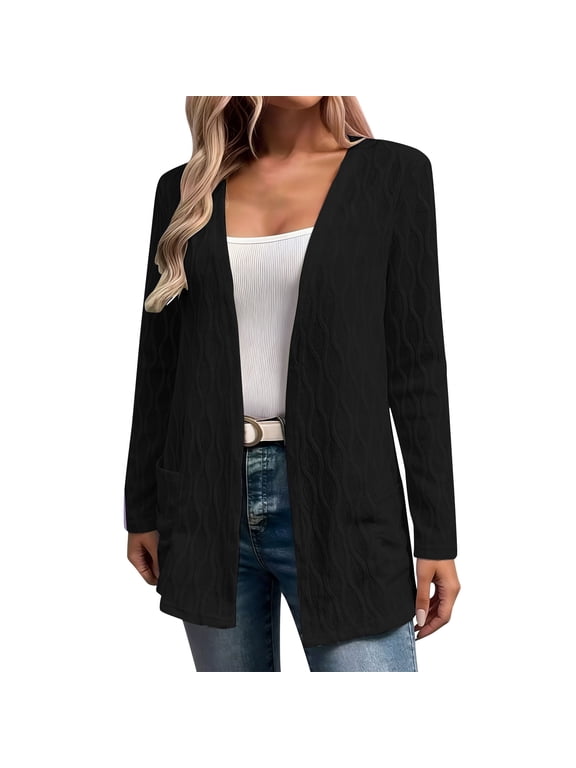 Womens Textured Knit Cardigan Sweater Plus Size Lightweight Open Front Long Sleeve Cardigans Mid Length Solid Sweater