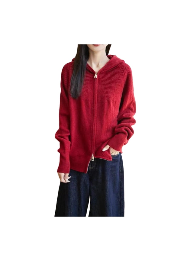 Wool Cardigan Sweaters for Women Full Zip Long Sleeve Cardigans Hooded Neck Ribbed Tops Solid Fashion Outfits