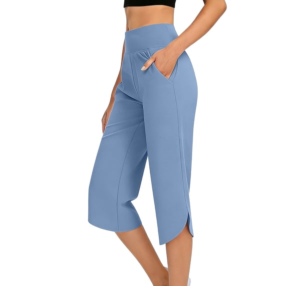BaoFuBaoMei Yoga Pants Women Plus Size Side Slit Ruffle Hem Trousers Solid Capris Pants Summer Casual Outfits with Pockets