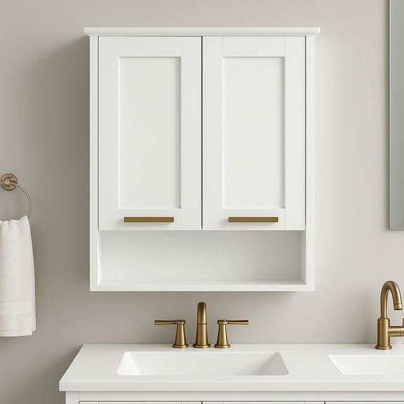 Baobao 2-Door Wall-Mount Bathroom Medicine Cabinet, Moisture-Proof PVC, White, 1 Pack