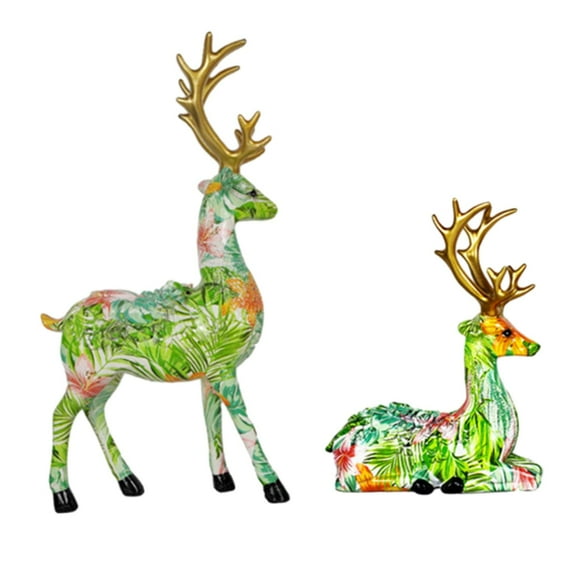 Baoblaze 2 Pieces Reindeer Statues Animal Sculptures Collection Desktop Table Centerpiece Green