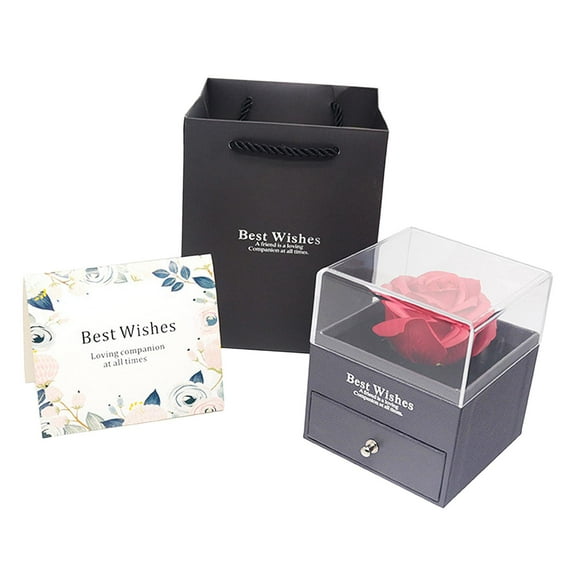 Baoblaze 3 Pieces Preserved Fresh Flower Rose in A Jewelry Box with Gift Bag and Greeting Gray