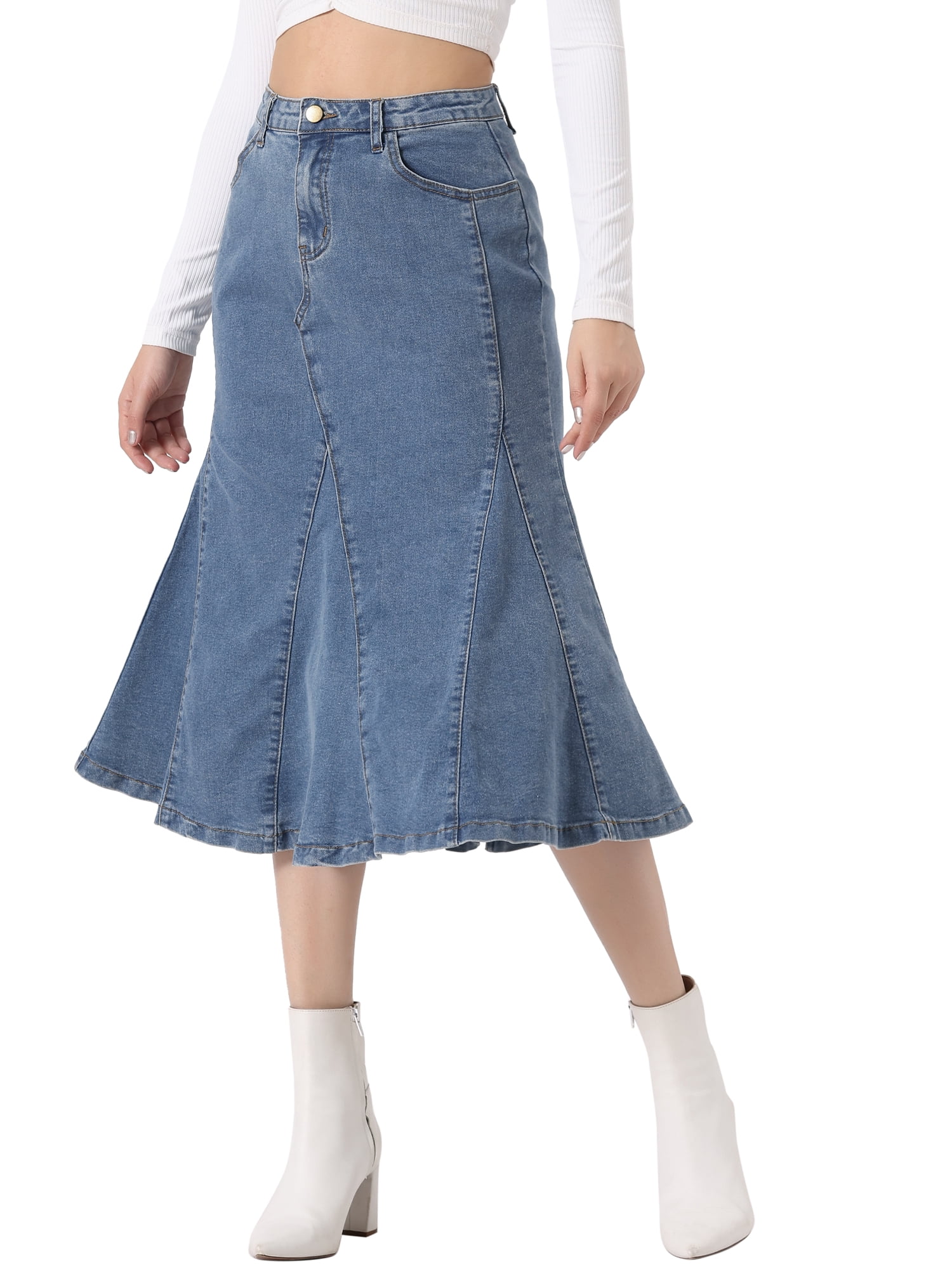 DARING DIVA Women's High Waisted A-Line Flared Midi Denim Skirt XL Blue