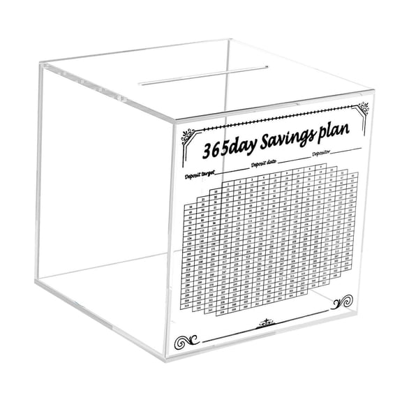 Baoblaze Acrylic Clear Piggy Bank with 365 Day Savings Plan, Change Jar,Transparent Money 18x18x18cm