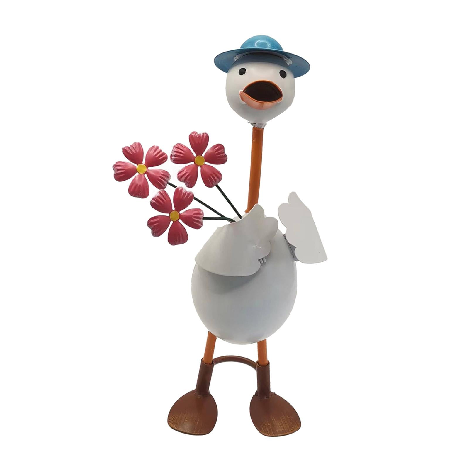 Baoblaze Duck Garden Statue Figurine Animal Garden Statue Ornament Funny Sculpture for Indoor ,Outdoor ,Fence ,Garden, Decor Red Flowers