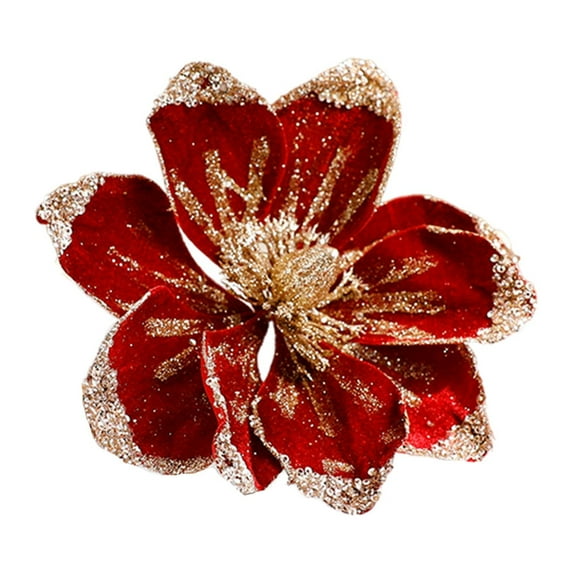 Baoblaze Magnolia Christmas Decoration Floral Pick Ornaments Xmas Home Decors Glitter Flower Artificial for Indoor Outdoor Deep Red