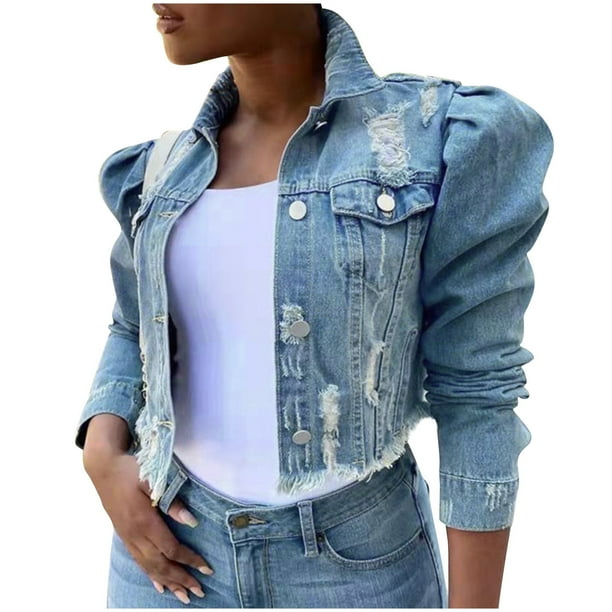 Short distressed denim jacket hot sale