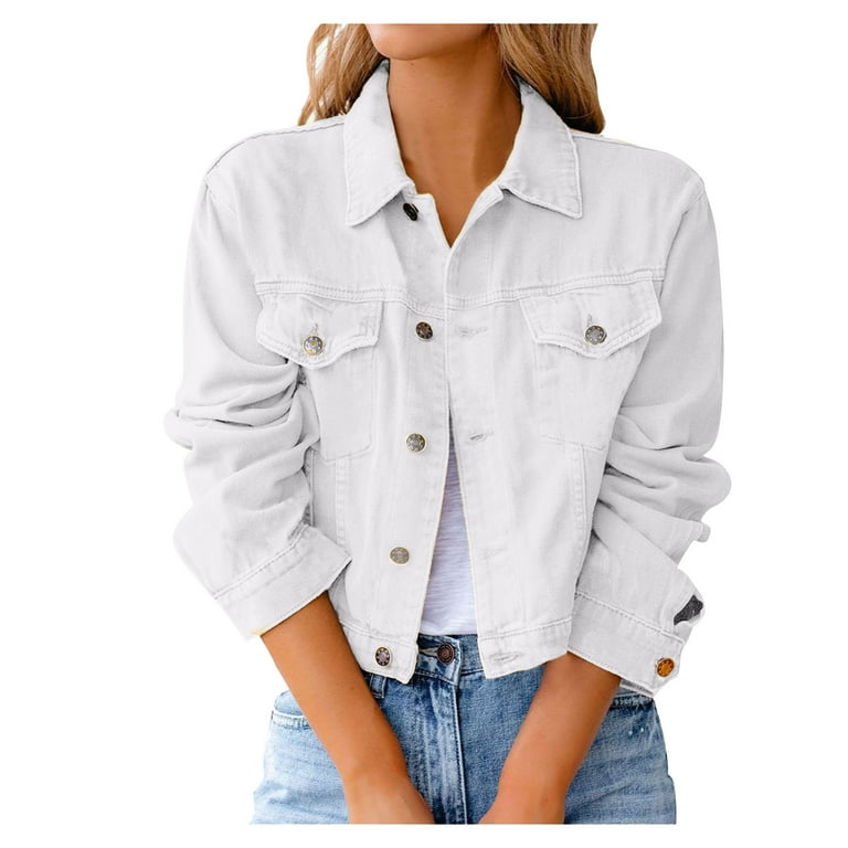 Baocc Denim Jacket Women Vintage Button Down Distressed Short Denim Jean Jacket Coat with Pocket Jean Trucker Jacket White Walmart