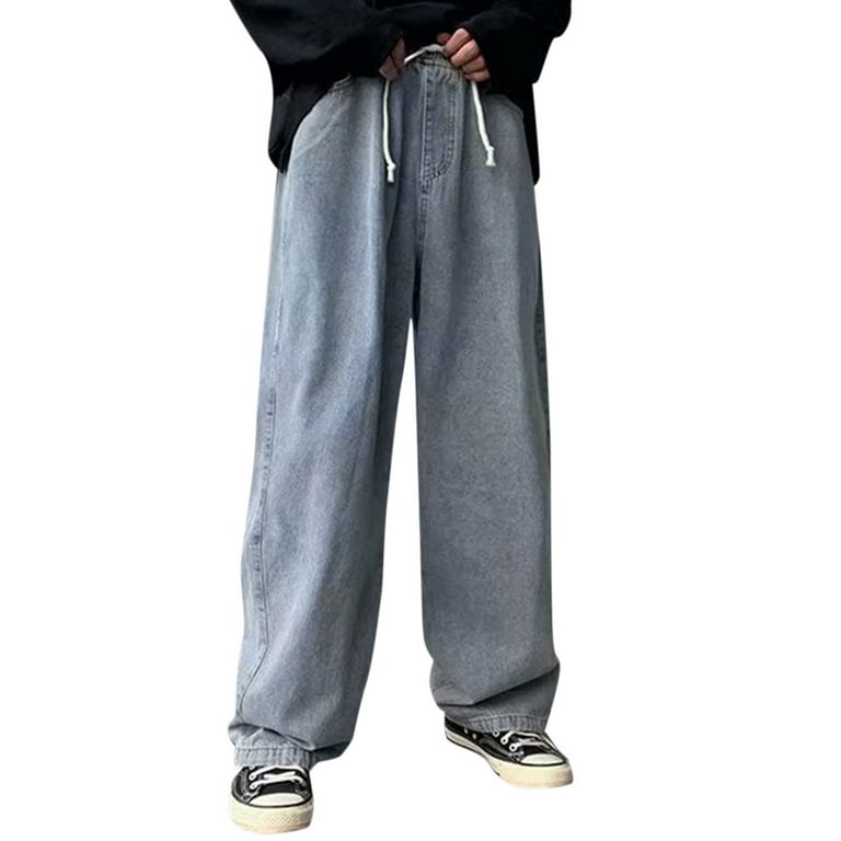 Baocc Jeans for Men, Men's Fashion Plus-Size Elastic Waist Loose Jeans  Street Wide Leg Trousers Pants Mens Sweatpants Blue 2XL 
