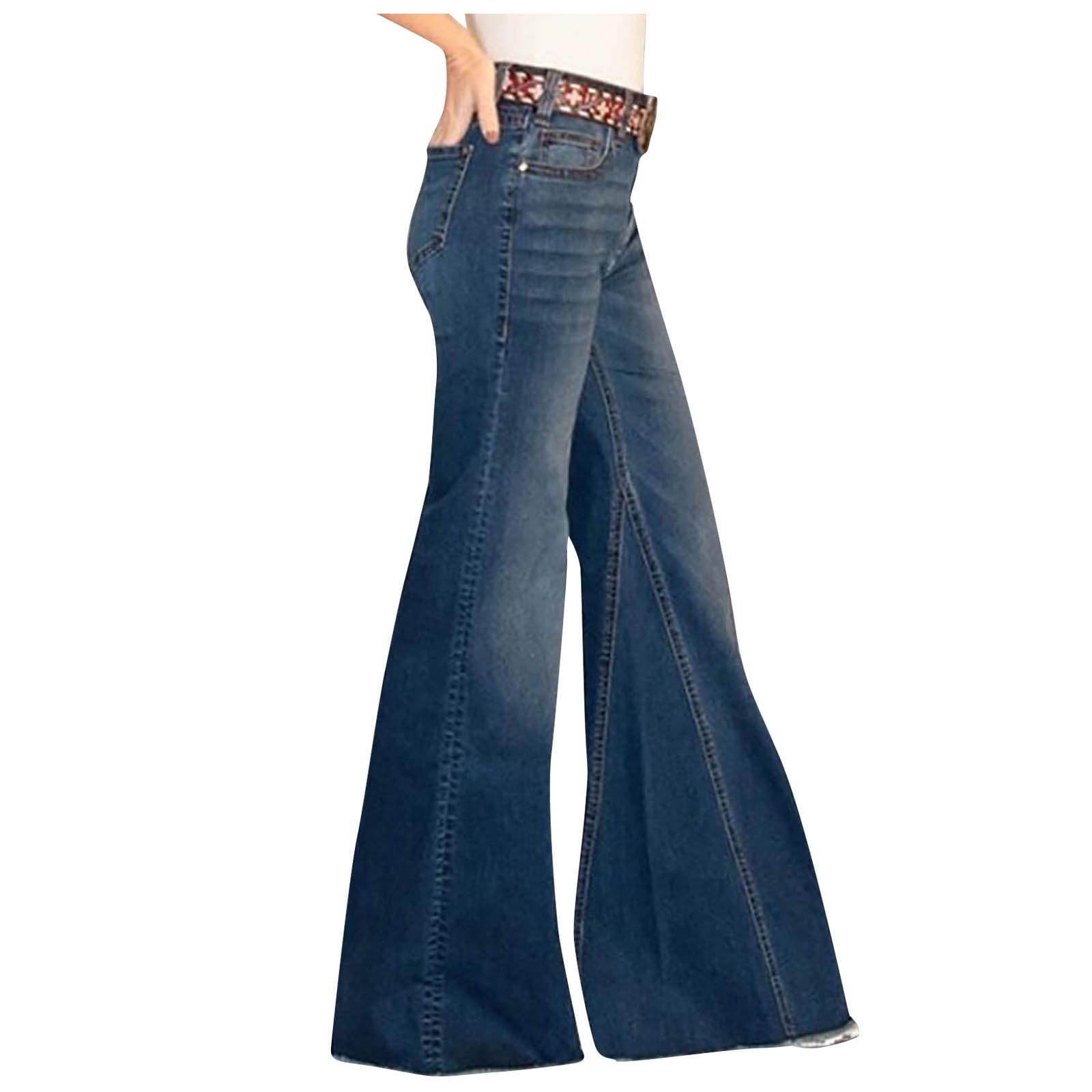 Aoochasliy Womens Pants Plus Size Clearance Petal Pocket Jeans Trousers  Loose High Waist Washed Denim Wide-leg