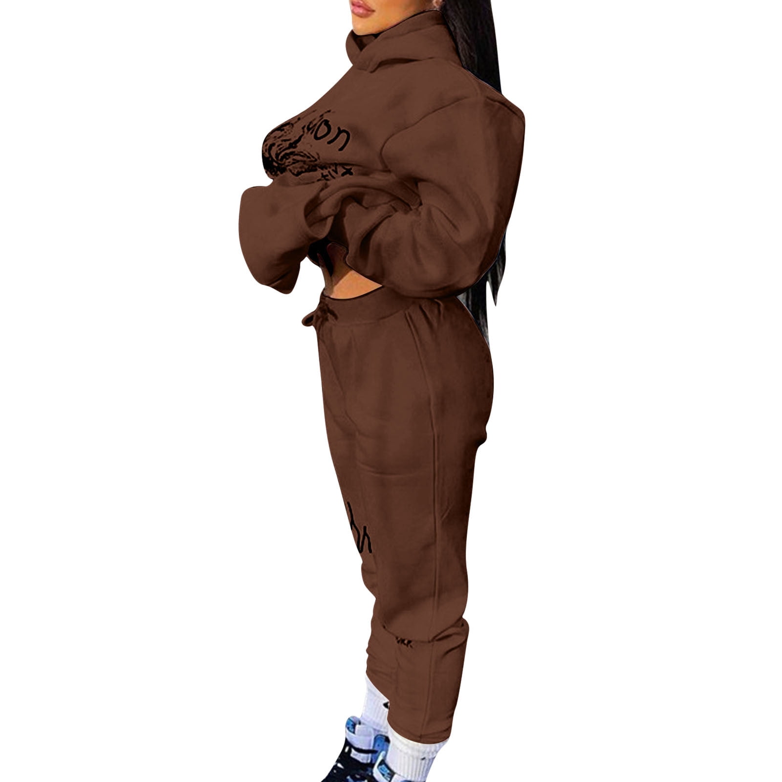 Baocc Jogging Suits Women's Two Piece Outfits Hoodies Top and Elastic  Waistband Pant Women Sweatsuit Tracksuit Sets Women Tracksuit Set Brown