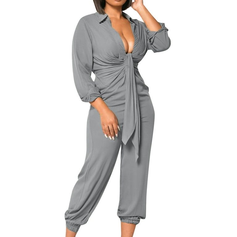 Baocc Ladies Jumpsuit Long Sleeve Women V Neck Jumpsuit Loose Tie Long  Sleeve Harem Jumpsuit Jumpsuits for Women Utility Jumpsuit Women Gray