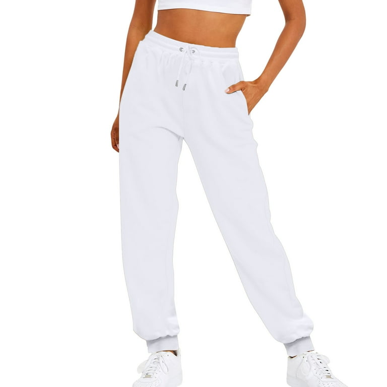 Baocc SweatPants Women Ladies Solid Color Drawstring Elastic Waist Casual  Loose Foot Fleece Sweatpants Casual Pants for Women White