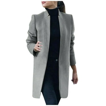 Women's Faux Wool Thin Coat Trench Jacket Ladies Slim Long Overcoat ...