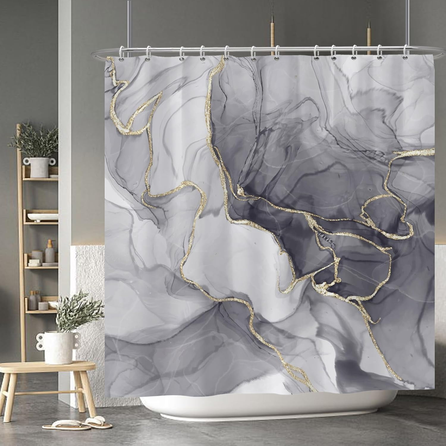 Baocicoo Dusty Blue Gold Marble Shower Curtain Sets Modern Ink Art