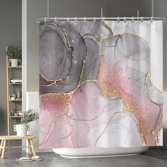 Baocicoo Gold Pink Grey Marble Shower Curtain for Bathroom Modern Luxury Bohemia Shower Curtain for Girls Dormitory Hostel Bathtub Decor Waterproof Fabric Shower Curtain with Hooks 72x72 Inches