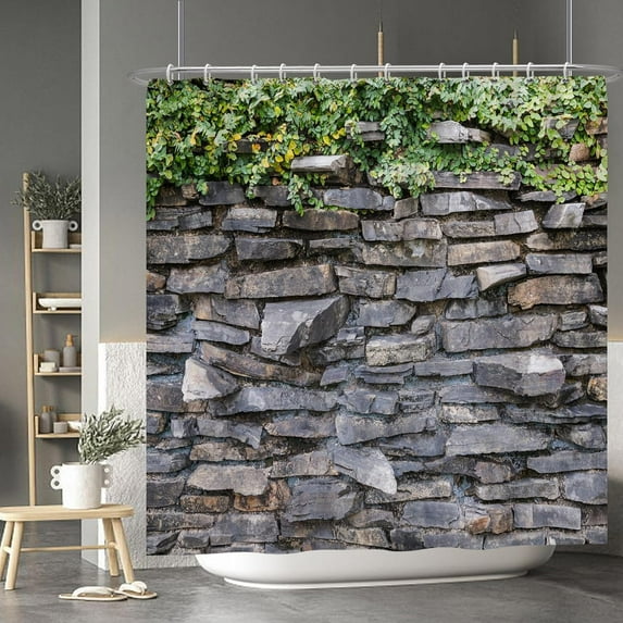 Baocicoo Rocks Stone Brick Wall Shower Curtain Green Leaves Garden Landscape Nature Plant Shower Curtains for Bathroom Rustic Family Bathtub Waterproof Curtain for Bathroom with Hooks 72x72 Inches