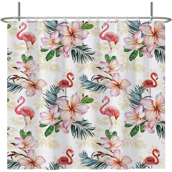 Baocicoo Tropical Flamingo Shower Curtain Green Plants Floral Pink Flower Watercolor Decorative Shower Curtains for Home Bathroom Bathtubs Polyester Waterproof Fabric with Hooks 84x72 Inches