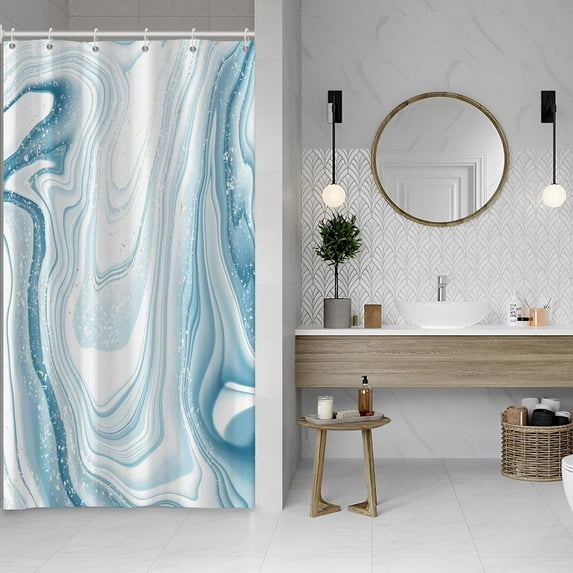 Baocicoo White and Blue Marble Shower Curtain White Wavy Pattern Abstract Marine Bath Curtain for Spa Club Home Cubicle Hotel Luxury Bathroom Decor Waterproof Shower Curtain with Hooks 36x72 Inches