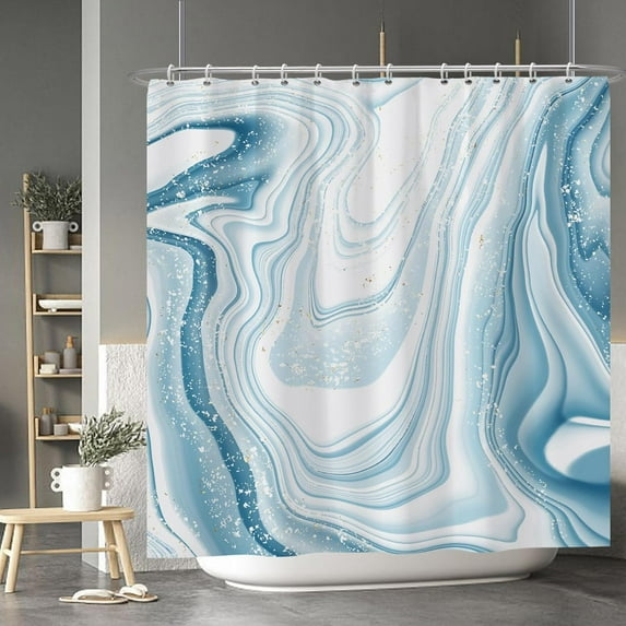 Baocicoo White and Blue Marble Shower Curtain White Wavy Pattern Abstract Marine Bath Curtain for Spa Club Home Cubicle Hotel Luxury Bathroom Decor Waterproof Shower Curtain with Hooks 72x72 Inches
