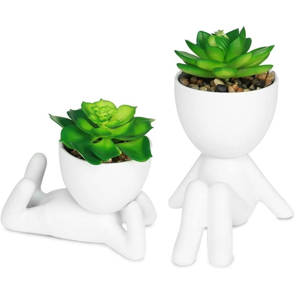Baodeli 2 PCS Small Fake Plants with Human-Shaped Pots Cute Room Decor Fake Plants Cute Desk Decor Fake Succulents Desk Decorations（Ceramic White）