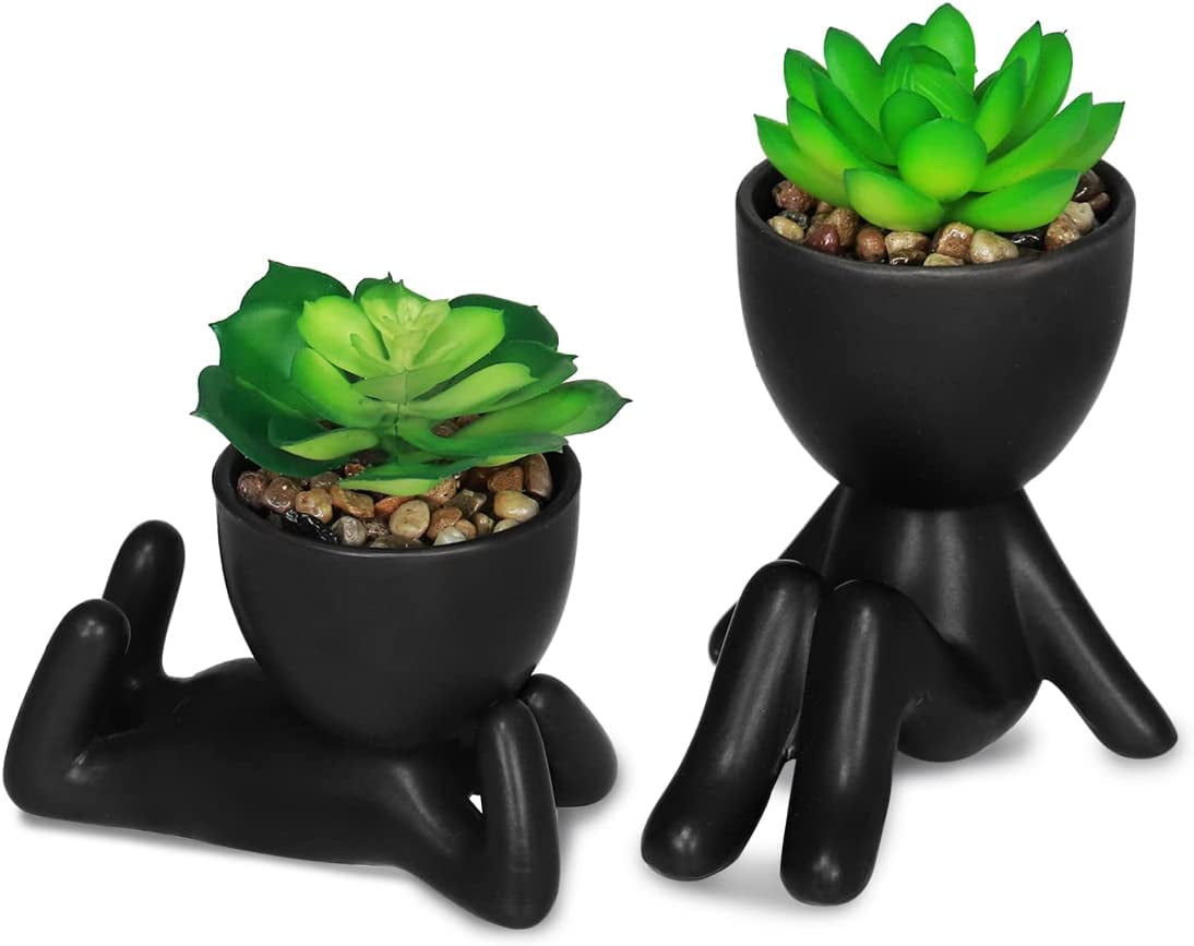 Baodeli 2PCS Cute Artificial Succulent Plants with Creative Human Shaped Pots, Desk Decoration Mini Potted Planter Succulent Decor for Desktop Office Bedroom Table 2PCS (Matte Black)