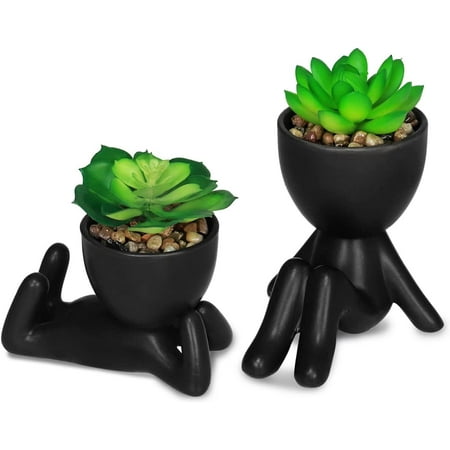 Baodeli 2PCS Cute Artificial Succulent Plants with Creative Human Shaped Pots, Desk Decoration Mini Potted Planter Succulent Decor for Desktop Office Bedroom Table 2PCS (Matte Black)