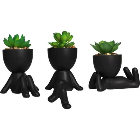 Baodeli 3 PCS Cute Artificial Succulent Plants with Creative Human Shaped Pots, Mini Potted Succulents Decor for Home Decor (Matte Black)
