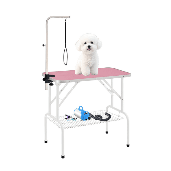 Baohe 32" Dog Grooming Table,Foldable Home Pet Bathing Station with Adjustable Height Arm/Noose/Mesh Tray, Extra Gifts grooming tool storage box,Pink