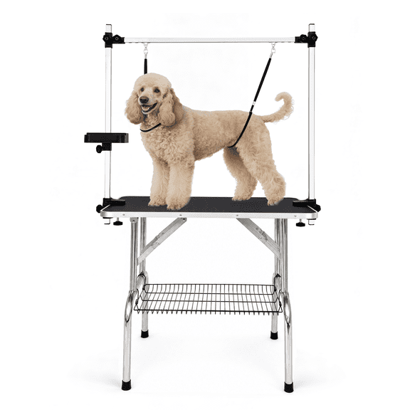 Baohe 36" Dog Grooming Table,Foldable Home Pet Bathing Station with Adjustable Height Arm/Noose/Mesh Tray, Black