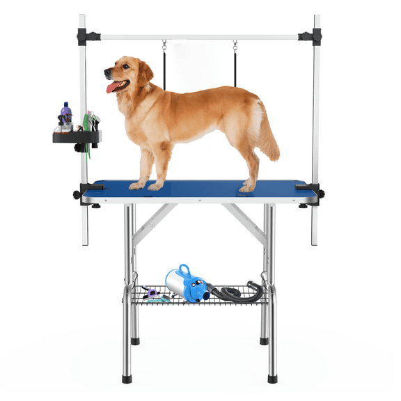Baohe 36" Dog Grooming Table,Foldable Home Pet Bathing Station with Adjustable Height Arm/Noose/Mesh Tray, Extra Gifts grooming tool storage box,Blue