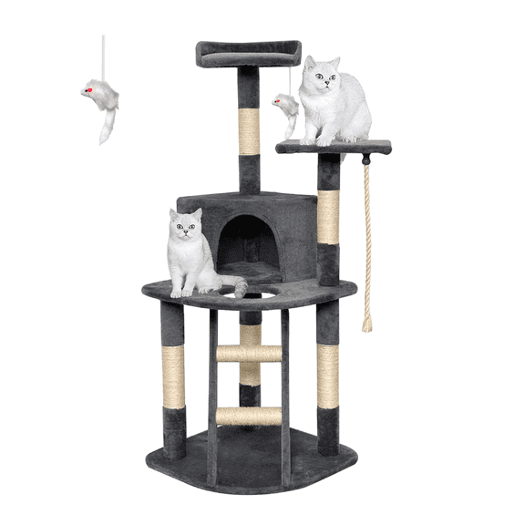 Baohe 49" Tall Cat Tree Tower with Cat Condos - Large Cat Tree - Cat Tower for Indoor Cats - Play Scratch Hide Climb Activity Furniture with Toy - Gray and Beige