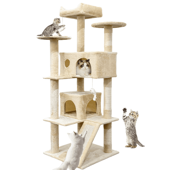 Baohe Indoor Cat Tower 60.6-Inch Modern Cat Tree with Widened Perch, Ideal for Big Cats & Kittens. Multi-Level Design with Scratching Posts, Tunnel, Basket & Cave Condo