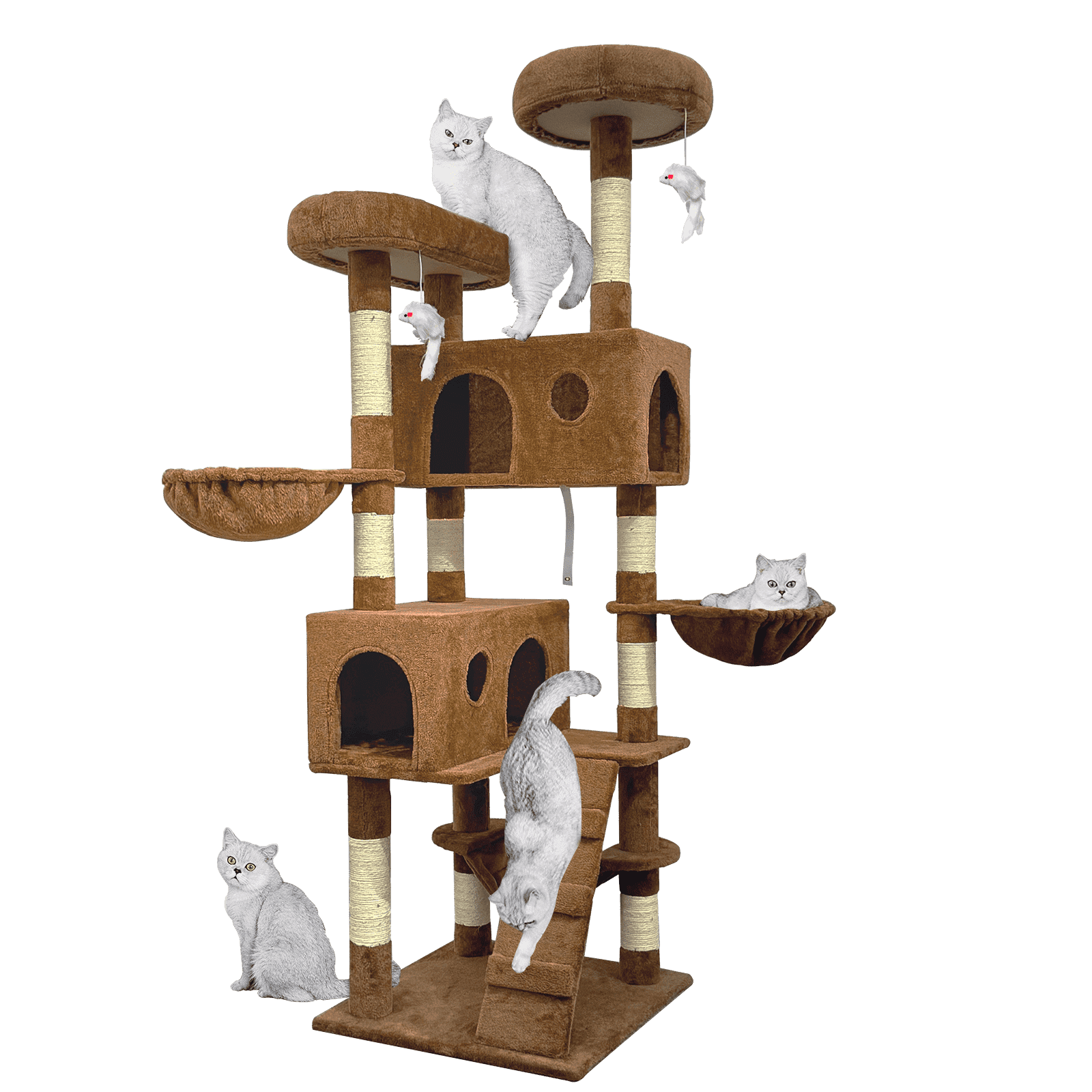 Baohe Indoor Cat Tower 65.75-Inch Modern Cat Tree with Widened Perch, Ideal for Big Cats & Kittens. Multi-Level Design with Scratching Posts, Tunnel, Basket & Cave Condo