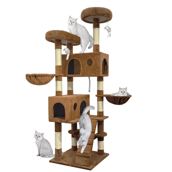 Baohe Indoor Cat Tower 65.75-Inch Modern Cat Tree with Widened Perch, Ideal for Big Cats & Kittens. Multi-Level Design with Scratching Posts, Tunnel, Basket & Cave Condo