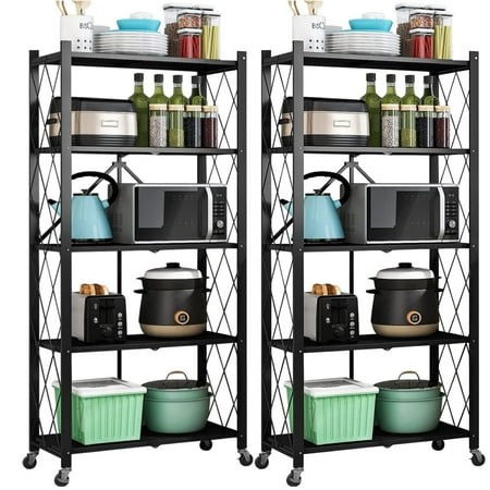 Baokaler 2 Pack 5-Tier Foldable Storage Shelf-Metal Collapsible Shelving Unit Display with Wheels, Rolling Cart for Books Kitchen Storage Shelves, Office Room Decor Black