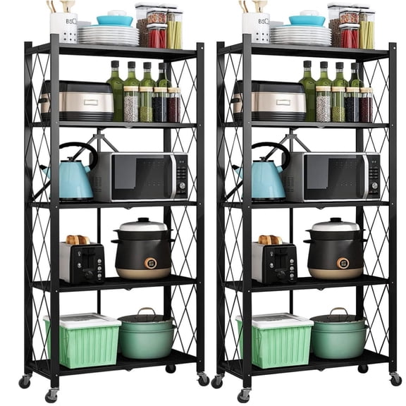 Baokaler 2 Pack 5-Tier Foldable Storage Shelf-Metal Collapsible Shelving Unit Display with Wheels, Rolling Cart for Books Kitchen Storage Shelves, Office Room Decor Black