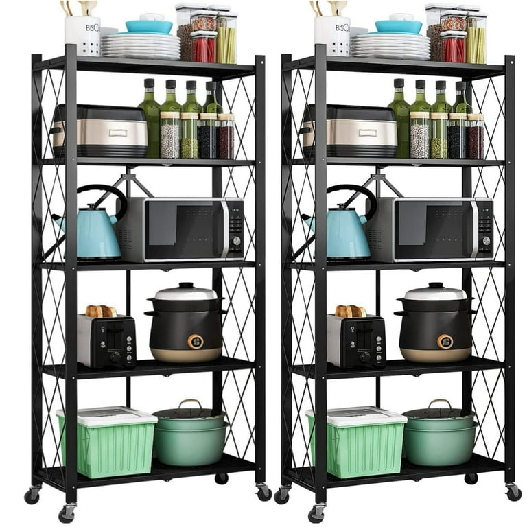 DEANIC 3 Tier Foldable Storage Shelves With Wheels, Kitchen Appliance Stand, Freestanding Metal Wire Shelf Rack, No Assembly Organizer Rolling Cart For Garage, Basement, Pantry (Black