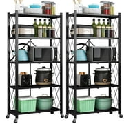Baokaler 2 Pack 5-Tier Foldable Storage Shelf-Metal Collapsible Shelving Unit Display with Wheels, Rolling Cart for Books Kitchen Storage Shelves, Office Room Decor Black