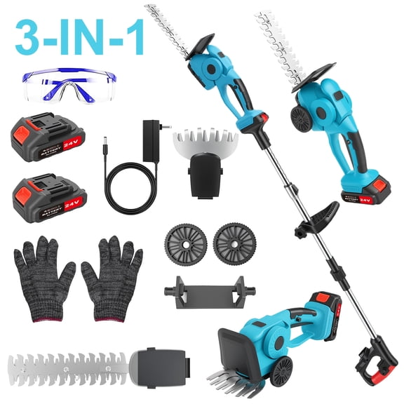 Baokaler 24V Cordless Hedge Trimmer, Hedge Trimmer with Telescopic pole, 3-in-1 Grass Shears, Shrubbery Trimmer & Electric Grass Trimmer, 2 Battery and Charger Included