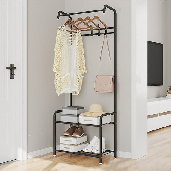Baokaler 3-in-1 Entryway Coat Rack Shoe Bench Metal Hall Tree Clothes Stand 2 Layers Storage Bench Free Standing Clothes Organizer Hat Stand Rod for Hanging Jacket