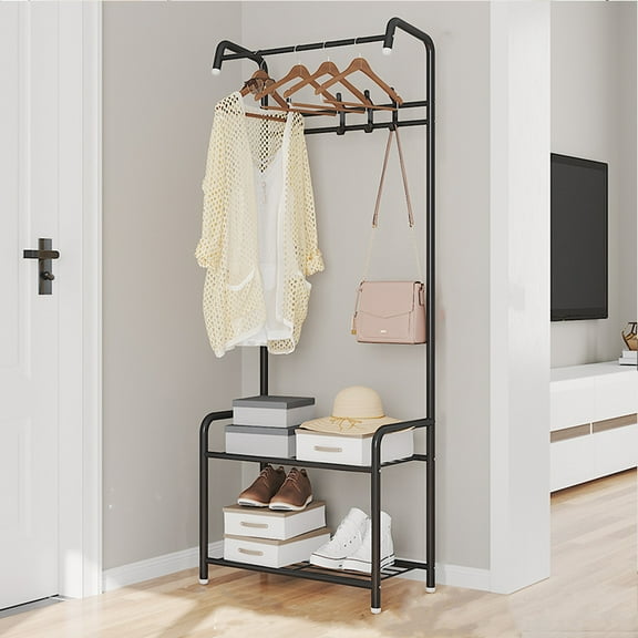 Baokaler 3-in-1 Entryway Coat Rack Shoe Bench Metal Hall Tree Clothes Stand 2 Layers Storage Bench Free Standing Clothes Organizer Hat Stand Rod for Hanging Jacket