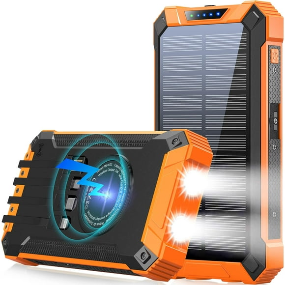 Baokaler 36000mAh Solar Power Bank Battery Pack Qi Wireless, Portable Wireless Charger with 4 Cables