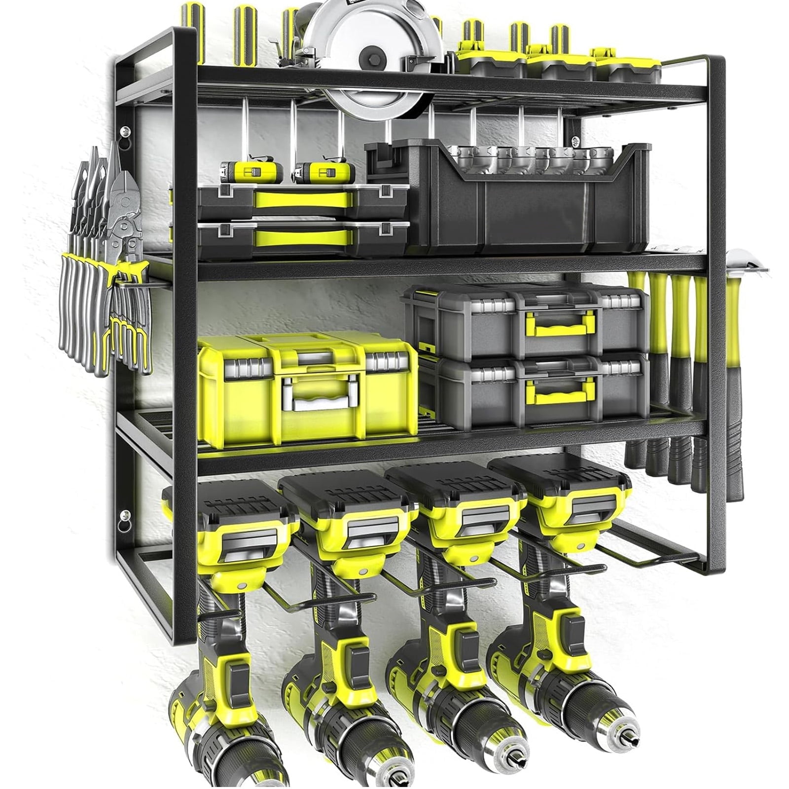 ALSO GO 4 Layers Power Tool Organizer, Heavy Duty Metal Tool Storage Rack, Drill Holder Wall Mount, Battery Holder Shelf, Utility Shelves for Workshop or Garage, Black