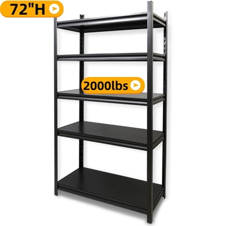 Baokaler 5-Tier Metal Garage Shelving Unit Adjustable 72"H Warehouse Storage Utility Rack Heavy Duty Shelves Organization, 2000 lbs Capacity, 72"H*35.4"W*15.7"D, Black