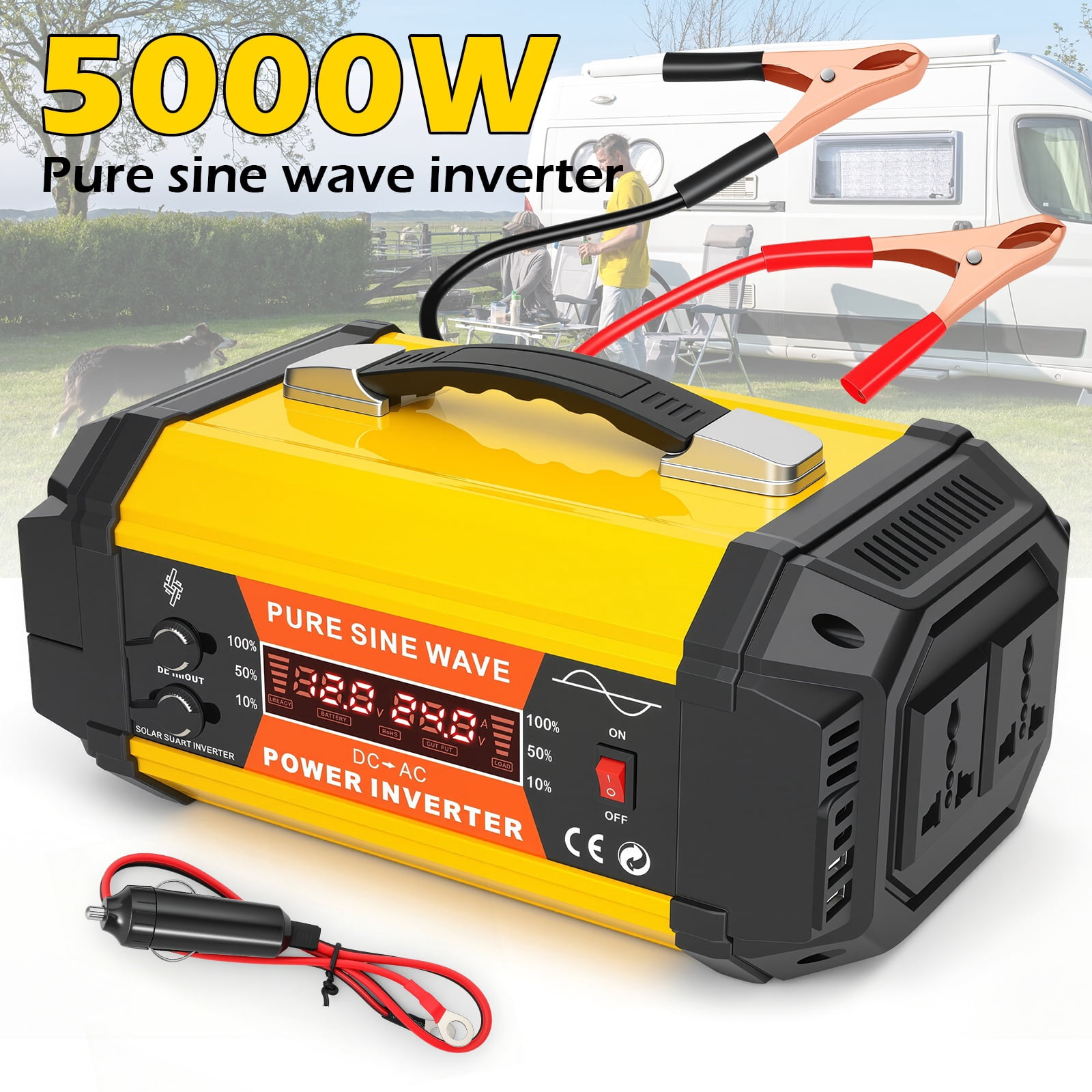Baokaler 5000W Pure Sine Wave Power Inverter 12V DC to 110V AC Car Inverter, Portable with LCD Display, Multiple AC & USB Charging Ports for Trucks, Vans, RVs & Camping