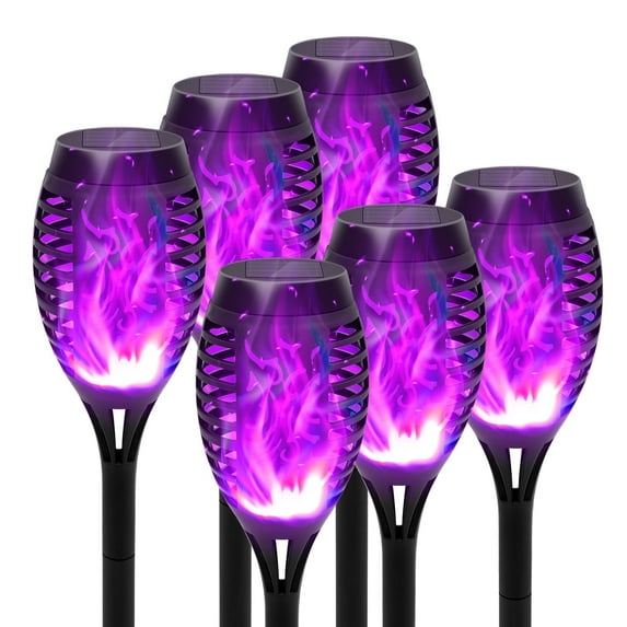 Baokaler 6-Pack Solar Outdoor Lights for Garden Decor W/Flickering Flame, Waterproof Tiki Torches Solar Flame Torch for Outside Pathway Patio Yard Porch - Auto On/Off, Purple