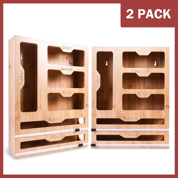 Baokaler Bag Organizer and Plastic Wrap Dispenser with Cutter, 6 In 1 Bamboo Foil and Plastic Wrap Organizer for Kitchen Drawer, Food Storage Bag Organizer for Gallon,Quart,Sandwich,Snack