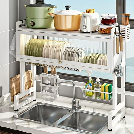 Multifunctional Over the Sink Dish Rack, Kitchen Sink Countertop Dustproof Storage Rack for Drying Dishes, Glasses, Bowls, and Utensils, White, Length-33.4"